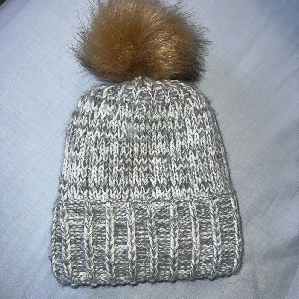 NWOT Gray Knit Beanie with Brown Pom Pom